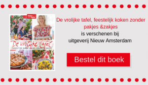 De vrolijke tafel, feestelijk koken zonder pakjes &zakjes van Karin Luiten is verschenen bij uitgeverij Nieuw Amsterdam